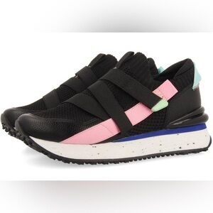 GIOSEPPO Women’s Velcro Slip-On Sneakers | Black with Pink & Mint Detail Size 9